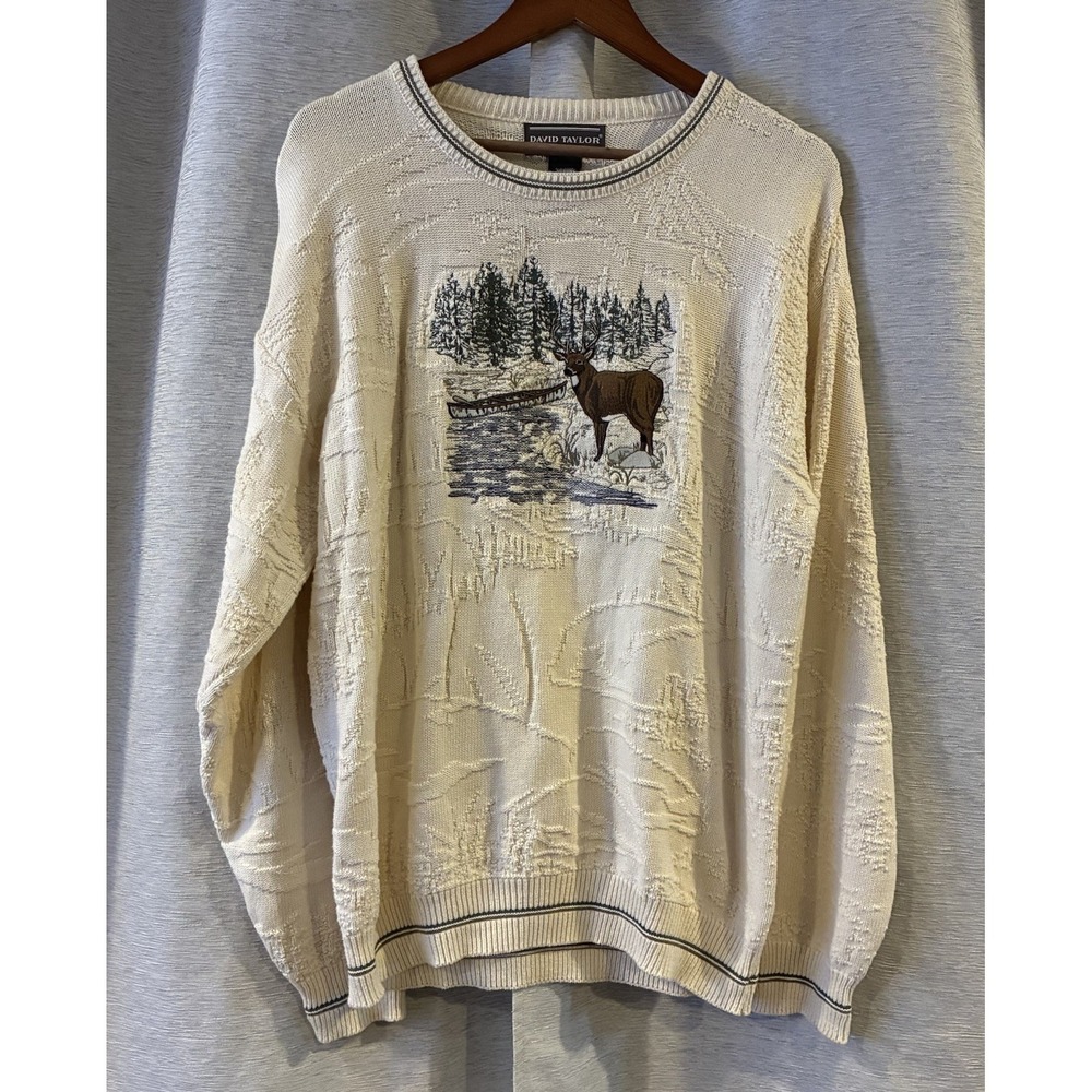 Vintage‎ Cedar Falls Sweater Mens Medium Cream Deer Forest Wildlife Made in USA